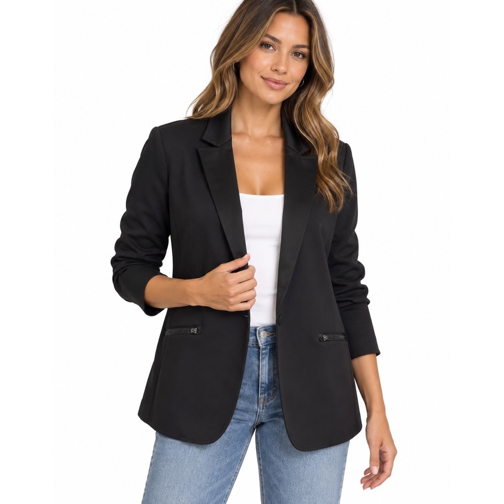 Rose + Olive Modern Works Black Blazer Jacket Stretch Zipper Pockets Size M NEW
